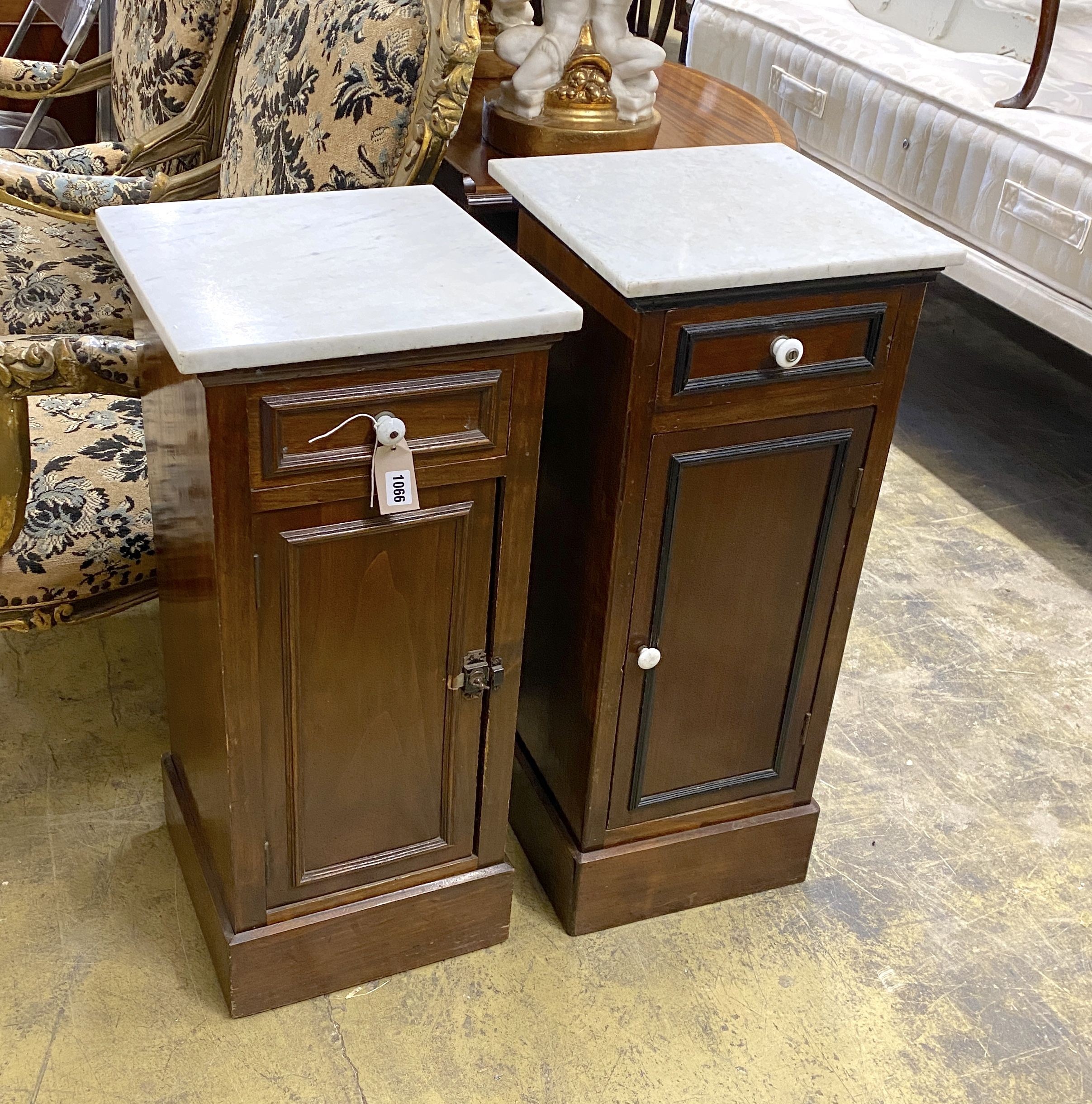 A near pair of late 19th century French marble topped bedside cabinets, width 35cm, depth 35cm, height 82cm